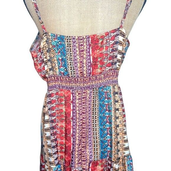 Boho Midi Sundress 1X Tiered Flowy Dress Smocked Adjustable Straps Tribal Print - Picture 6 of 14